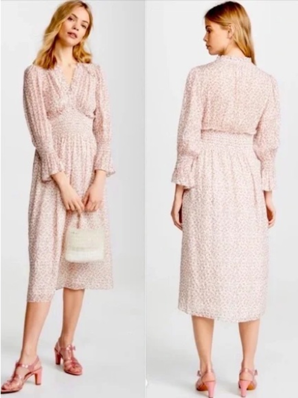 Rebecca Taylor Floral Francesco Blush Pink Floral Midi Dress with Smocked Waist